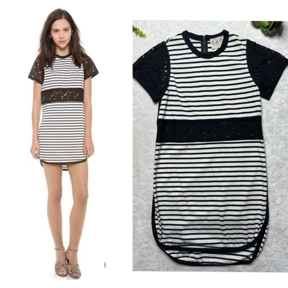 Sea New York Breton Stripe Lace Panel Short Sleeve Cotton Mini Dress Womens 0